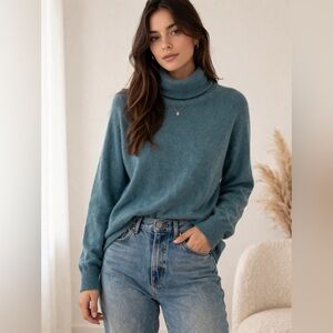 Cashmere Blend Turtleneck Sweater Teal Blue Soft Lightweight Cozy Chic